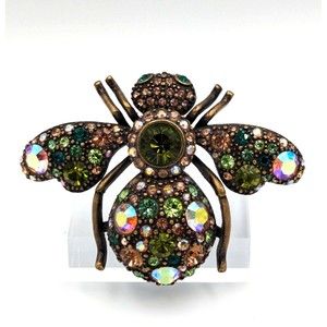 Joan Rivers Vintage Green Peach Color AB Rhinestone Bronze Tone Bee Brooch Pin